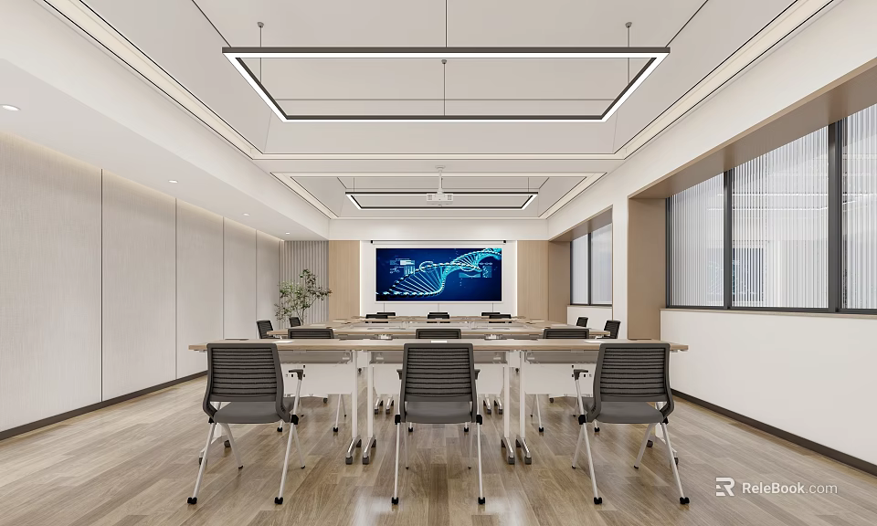 Modern Conference Room Interior With Long Meeting Table Black Chairs Large Screen And Pendant Lights 3d model 