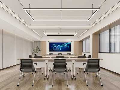 Modern Conference Room Interior With Long Meeting Table Black Chairs Large Screen And Pendant Lights 3d model