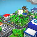 Lively Commercial Street with Various Buildings Green Trees Roads and Vehicles