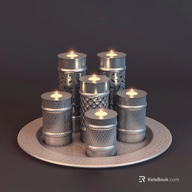 Lit Silver Candle Lamps on Decorative Metal Tray with Intricate Patterns and Elegant Design 3d model 