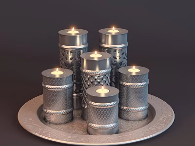 Lit Silver Candle Lamps on Decorative Metal Tray with Intricate Patterns and Elegant Design 3d model