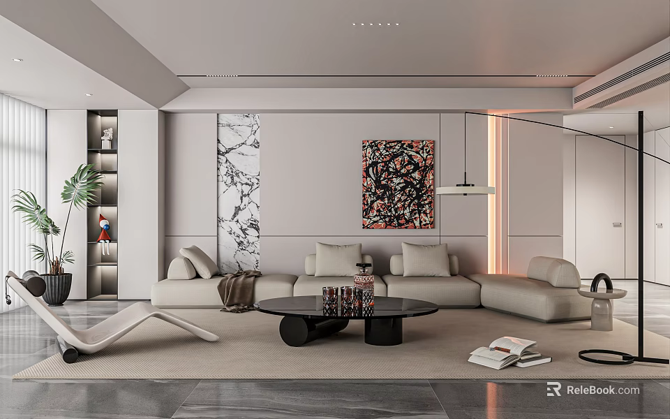 Modern Living Room Interior Featuring Beige Sofa Black Coffee Table Abstract Painting And Marble Art 3d model 