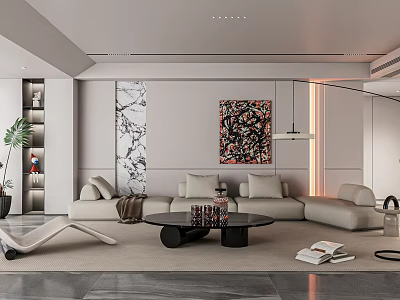 Modern Living Room Interior Featuring Beige Sofa Black Coffee Table Abstract Painting And Marble Art 3d model