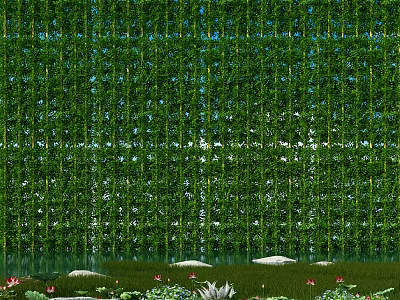 Lush Green Climbing Vines Covered Wall With Pond Stones And Lotus Flowers 3d model