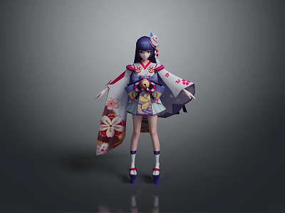 Anime Female Decorative Figure Wearing Kimono With Blue Hair And Flower Details 3d model