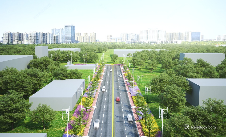 Well Designed Urban Road Infrastructure With Landscaped Greenery Street Lamps And Wide Lanes 3d model 