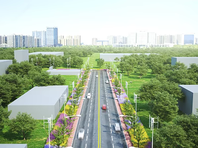 Well Designed Urban Road Infrastructure With Landscaped Greenery Street Lamps And Wide Lanes 3d model
