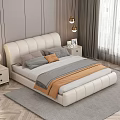 White Leather Upholstered Double Bed with Headboard Nightstand Lamp Curtains Pendant Lights and Gray Rug