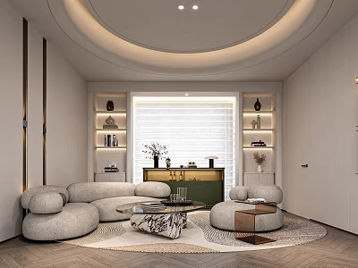 Modern Living Room Interior Design With Circular Ceiling Cozy Sofa And Round Coffee Table 3d model