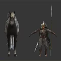 Medieval Armored Warrior With Helmet Spear And Cloak Standing Beside Gray Horse With Green Saddle