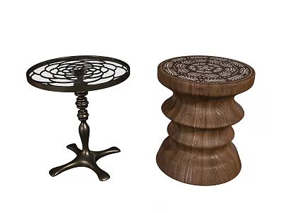 Metal and Wooden Side Tables with Intricate Openwork Carved Patterns and Tripod Layered Bases 3d model