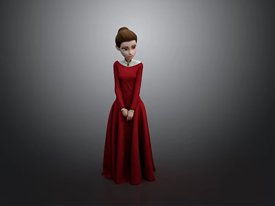 Elegant Red Long Dress Character With White Collar Standing Pose 3d model