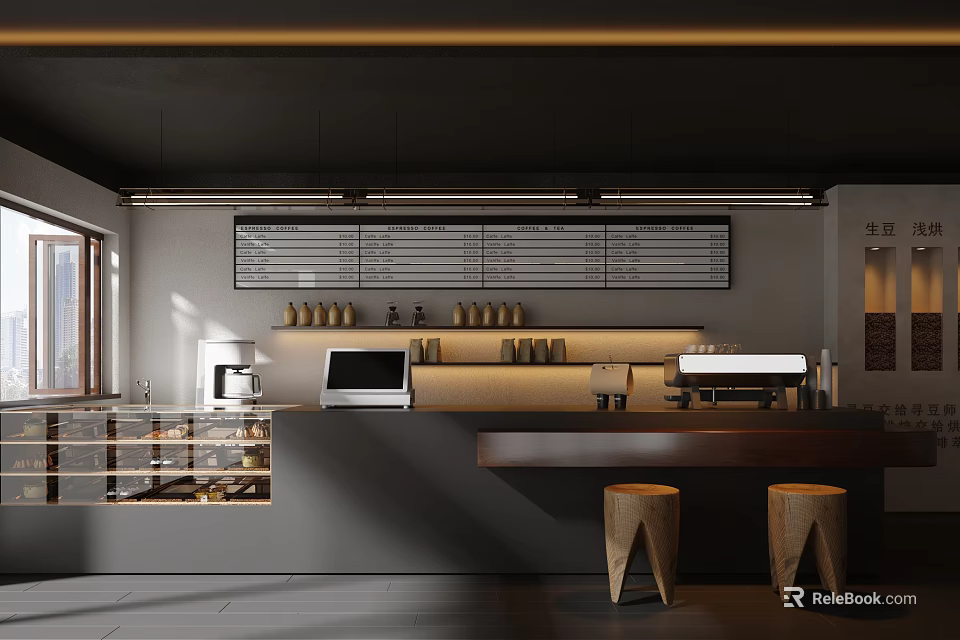 Modern Café Interior Design With Wooden Counter Coffee Machines Menu Board And Stools 3d model 