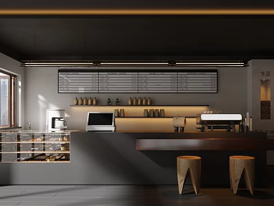 Modern Café Interior Design With Wooden Counter Coffee Machines Menu Board And Stools 3d model