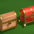Wooden and Red Leather Chests with Gold Accents Locks and Decorative Feet