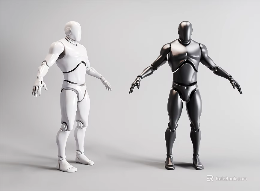Two Smart Robots with White and Black Humanoid Structure Standing in Front Facing Pose 3d model 