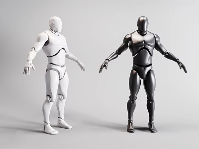 Two Smart Robots with White and Black Humanoid Structure Standing in Front Facing Pose 3d model