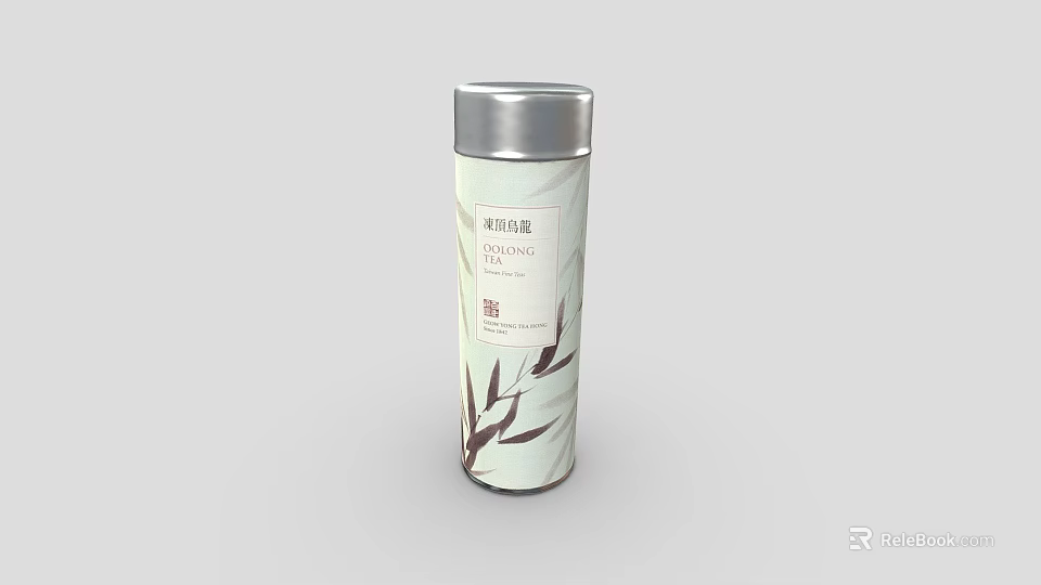 Decorative Ornament Set Featuring Light Green Jasmine Tea Canister With Silver Lid And Bamboo Leaf Pattern 3d model 