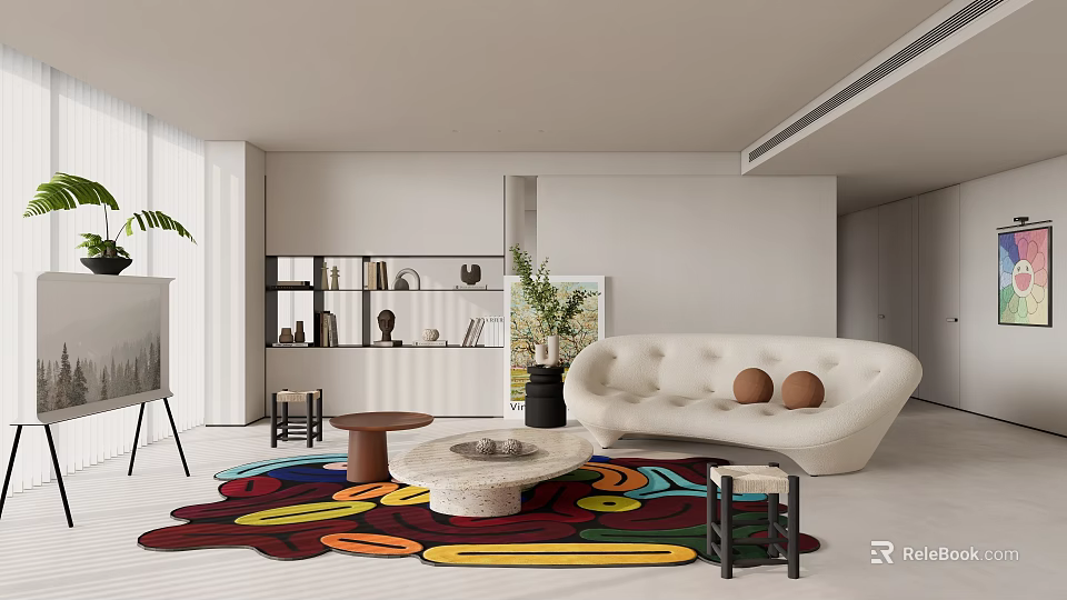 Modern Living Room Interior Design With White Sofa Colorful Rug And Round Coffee Table 3d model 