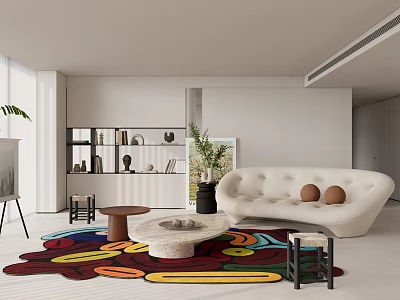 Modern Living Room Interior Design With White Sofa Colorful Rug And Round Coffee Table 3d model