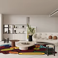 Modern Living Room Interior Design With White Sofa Colorful Rug And Round Coffee Table