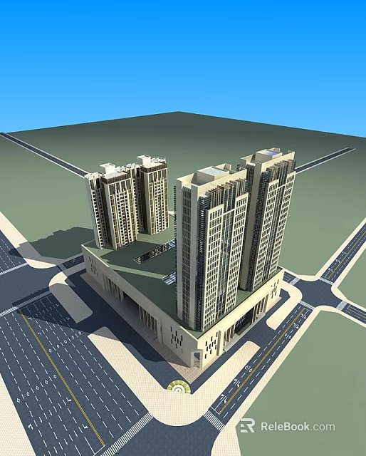 Modern High Rise Residential Building Exterior With Roads And Green Space 3d model 