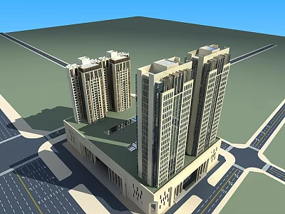 Modern High Rise Residential Building Exterior With Roads And Green Space 3d model