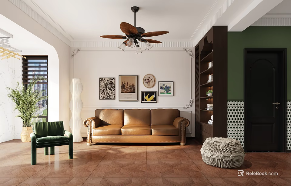Stylish Living and Dining Room Interior With Brown Leather Sofa Green Armchair And Decorative Paintings 3d model 