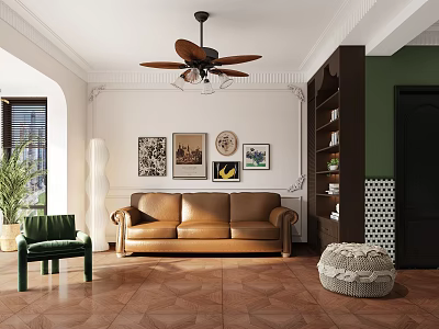 Stylish Living and Dining Room Interior With Brown Leather Sofa Green Armchair And Decorative Paintings 3d model