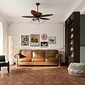 Stylish Living and Dining Room Interior With Brown Leather Sofa Green Armchair And Decorative Paintings