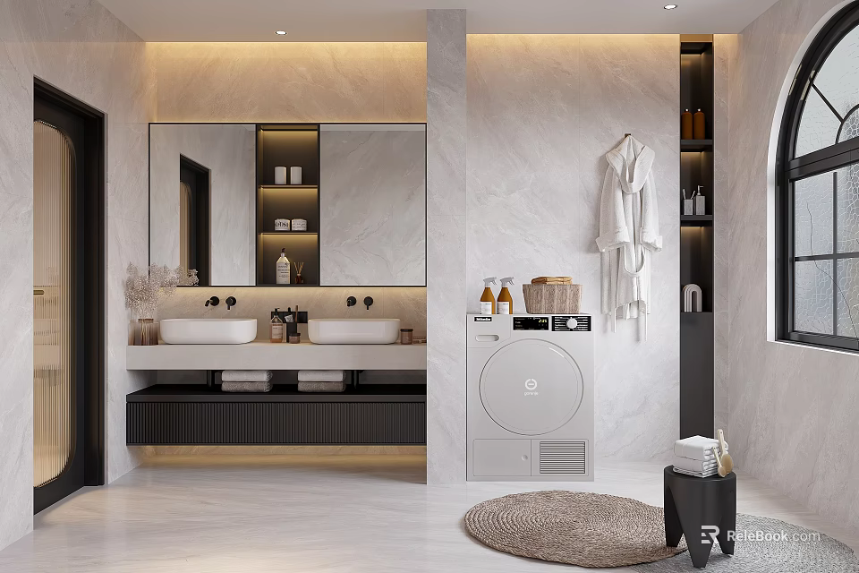 Modern Bathroom Interior With Double Sinks Large Mirror Marble Walls And Washing Machine 3d model