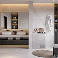 Modern Bathroom Interior With Double Sinks Large Mirror Marble Walls And Washing Machine 3d model