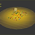 Colorful Creatures And Characters On Yellow Circular Platform With Small Items