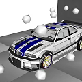 Silver Sports Car With Blue Stripes Rear Spoiler And Gold Alloy Wheels On Reflective Surface