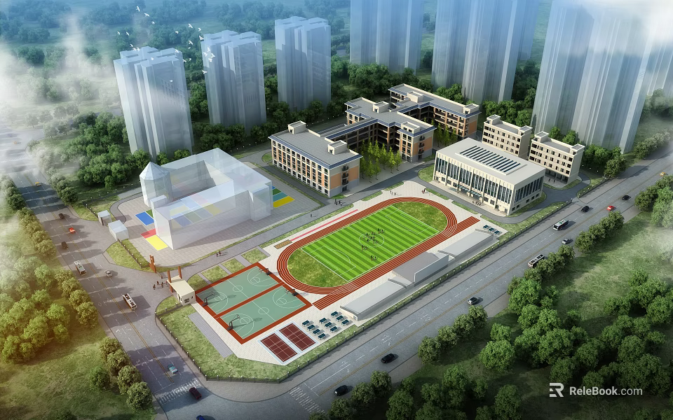 Modern School Buildings With Track And Field Football Field Greenery And Surrounding High Rise Buildings 3d model 