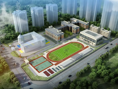 Modern School Buildings With Track And Field Football Field Greenery And Surrounding High Rise Buildings 3d model