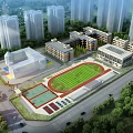 Modern School Buildings With Track And Field Football Field Greenery And Surrounding High Rise Buildings