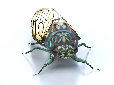 Detailed Close Up View Of A Green Cicada Insect With Transparent Wings 3d model