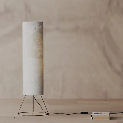 Stylish White Textured Floor Lamp With Metal Stand On Wooden Table Against Light Beige Wall 3d model