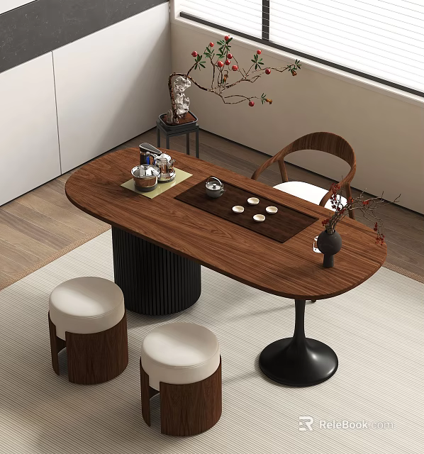 Modern Wooden Tea Table with Tea Set Cups Vase and Stools with White Cushions 3d model 