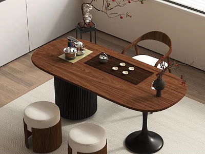 Modern Wooden Tea Table with Tea Set Cups Vase and Stools with White Cushions 3d model