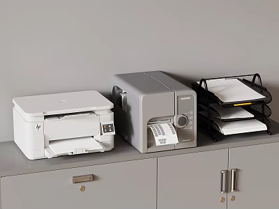 Office Equipment With White Printer Gray Label Printer And Black File Holder On Gray Cabinet 3d model
