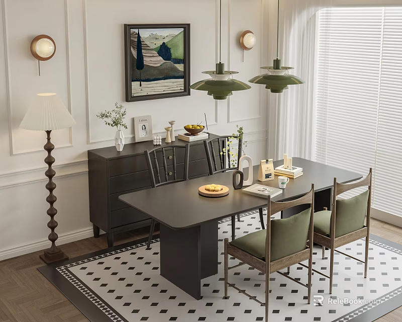 Modern Dining Room Interior With Dark Table Green Chairs Pendant Lights And Black White Rug 3d model 