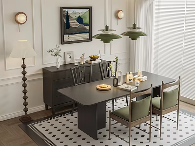 Modern Dining Room Interior With Dark Table Green Chairs Pendant Lights And Black White Rug 3d model