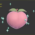 Cartoon Style Pink Peach With Green Leaves And White Stars On Black Background With Reflections