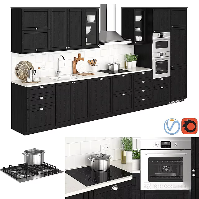 Modern Kitchen Interior Design With Black Cabinets Countertop And Appliances 3d model
