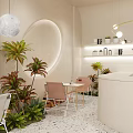 Cozy Dessert Cafe Interior With Modern Seating Green Plants And Service Counter