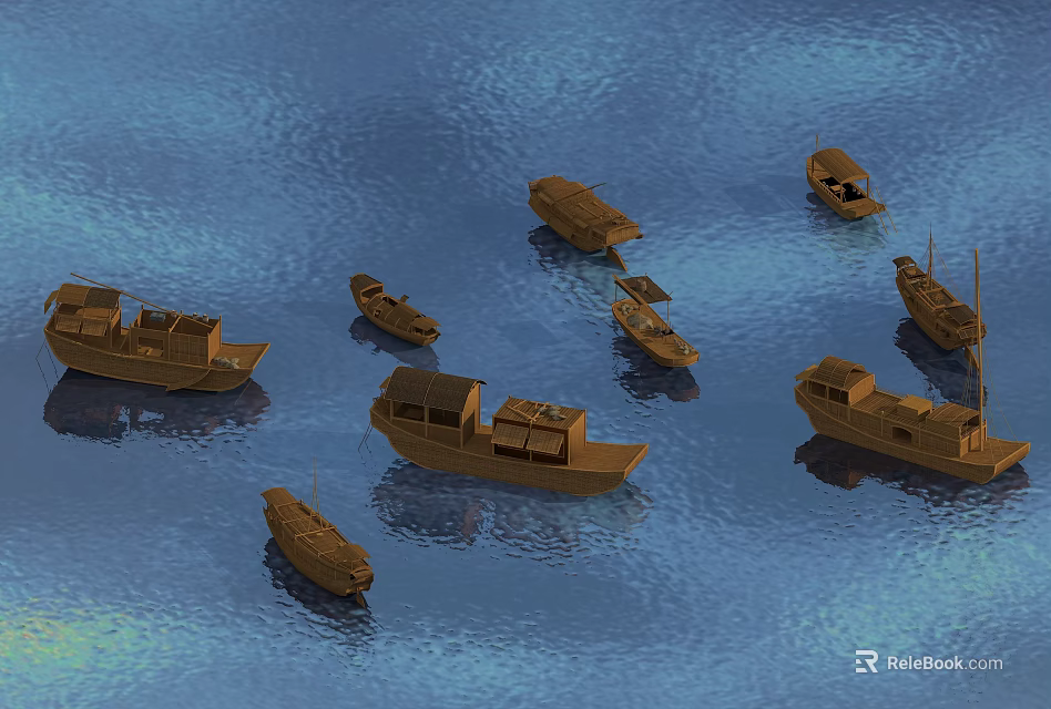 Several Traditional Wooden Boats Floating On Calm Blue Water Surface 3d model 
