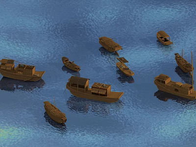 Several Traditional Wooden Boats Floating On Calm Blue Water Surface 3d model