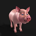 Cute Cartoon Pink Pig 3D Model With Big Ears And Blue Eyes On Black Background